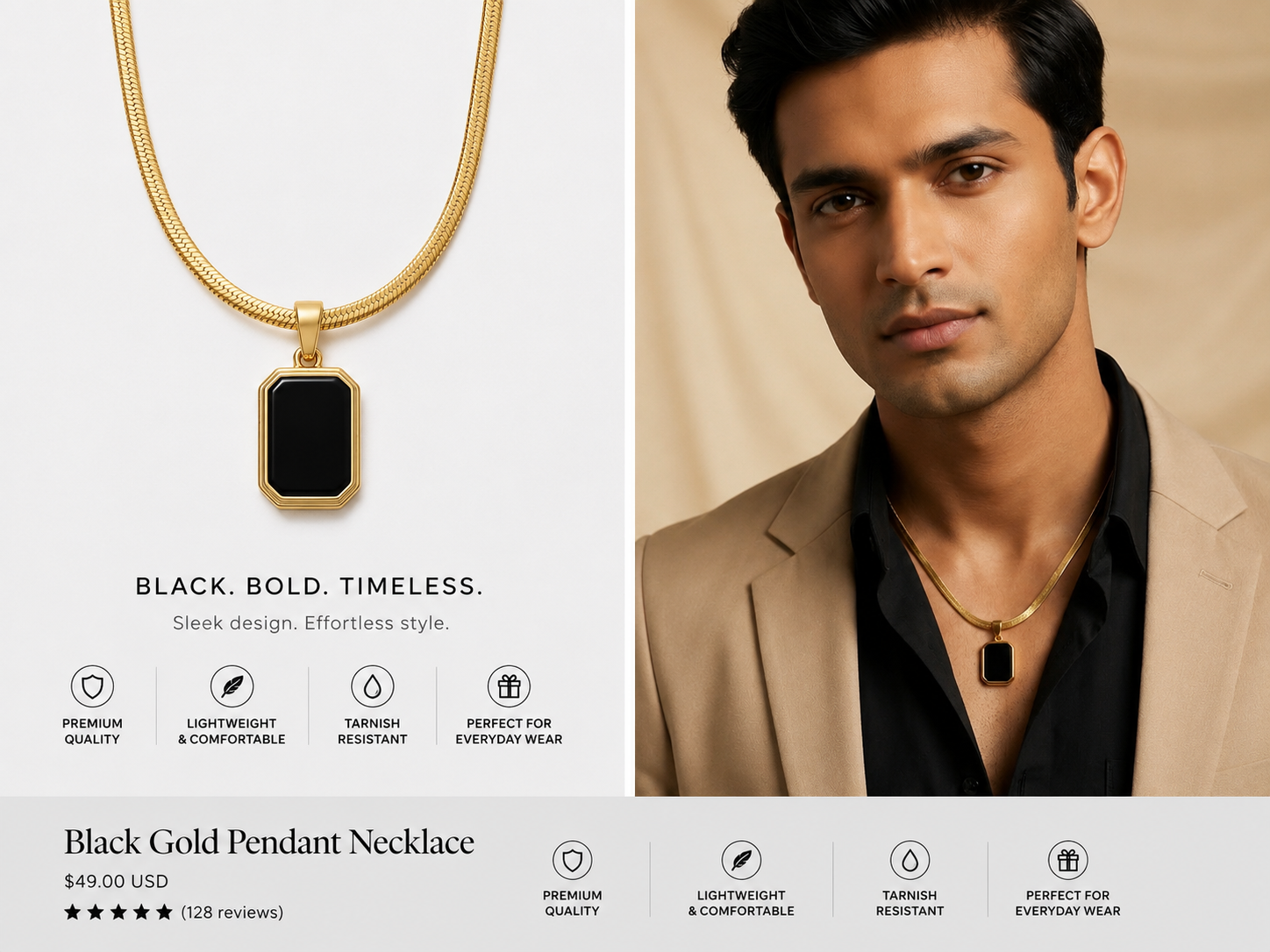Vyomaa Gold Black Rectangle Pendant Necklace – Stainless Steel | Anti-Tarnish