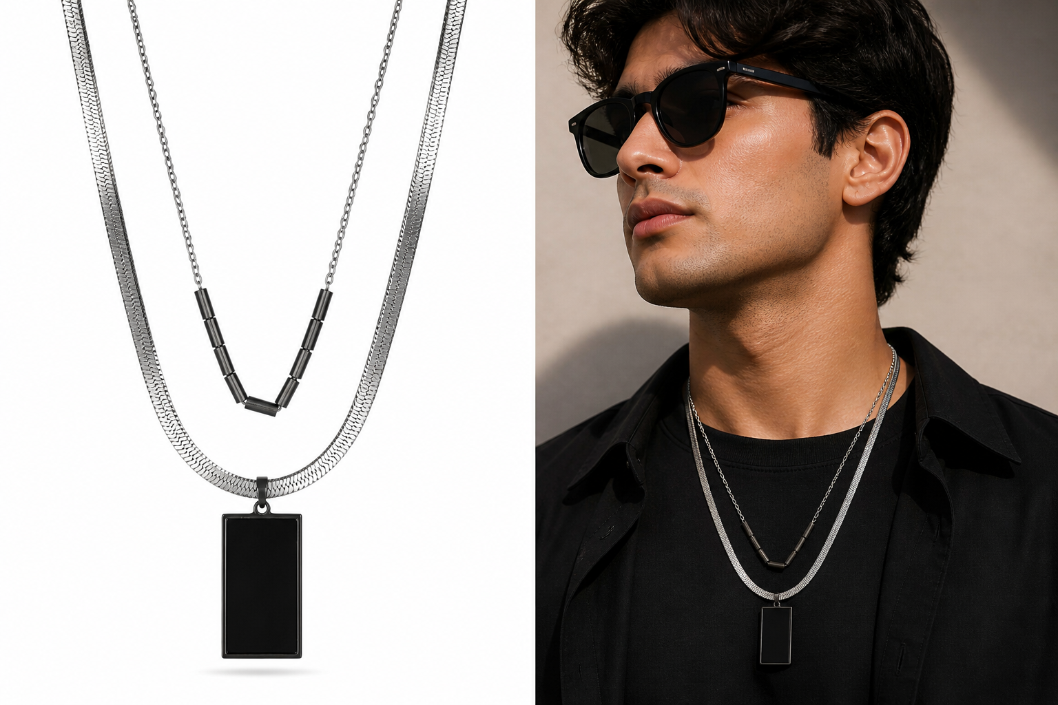 Dual Layer Black Pendant Necklace Set (2 Pieces)