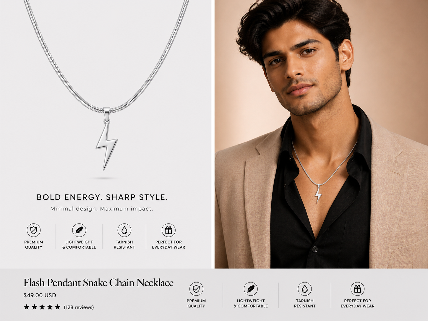 Vyomaa Silver Flash Pendant Snake Chain Necklace – Stainless Steel | Anti-Tarnish