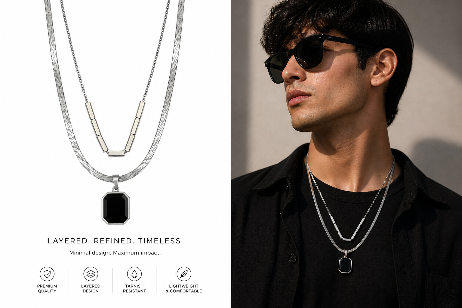 Dual Layer Black Bar Pendant Necklace Set