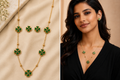 Emerald Clover Gold Necklace & Stud Earrings Set