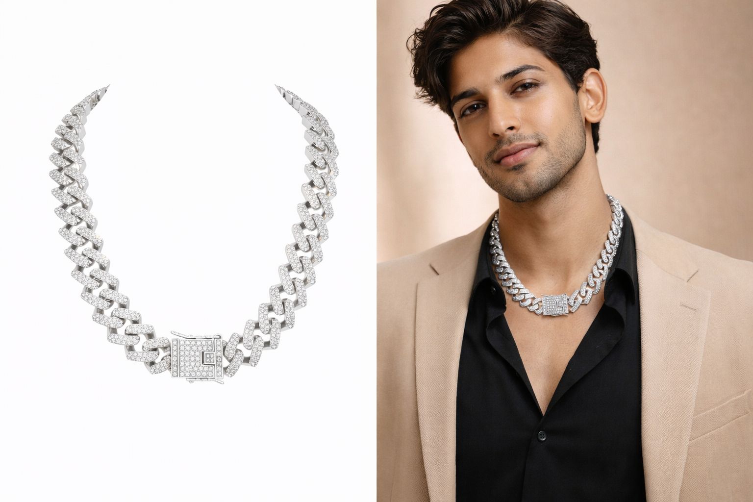 Iced Cuban Link Silver Chain (2-Piece Set)